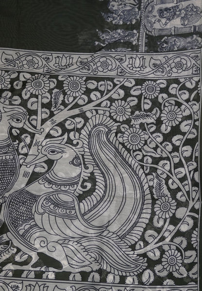 Chanderi Saree - Sage Green with penn kalamkari print