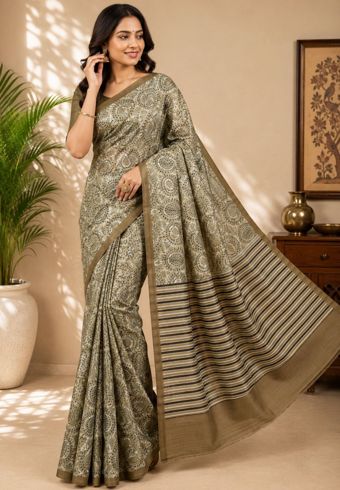 Pure Tussar Saree-Light Metalic Green in Paisley Pattern