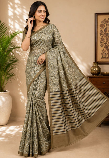 Pure Tussar Saree-Light Metalic Green in Paisley Pattern