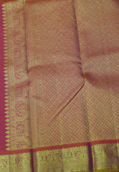 Pure Kanchipuram Silk Saree-Magenta with Orange Jacquard Border