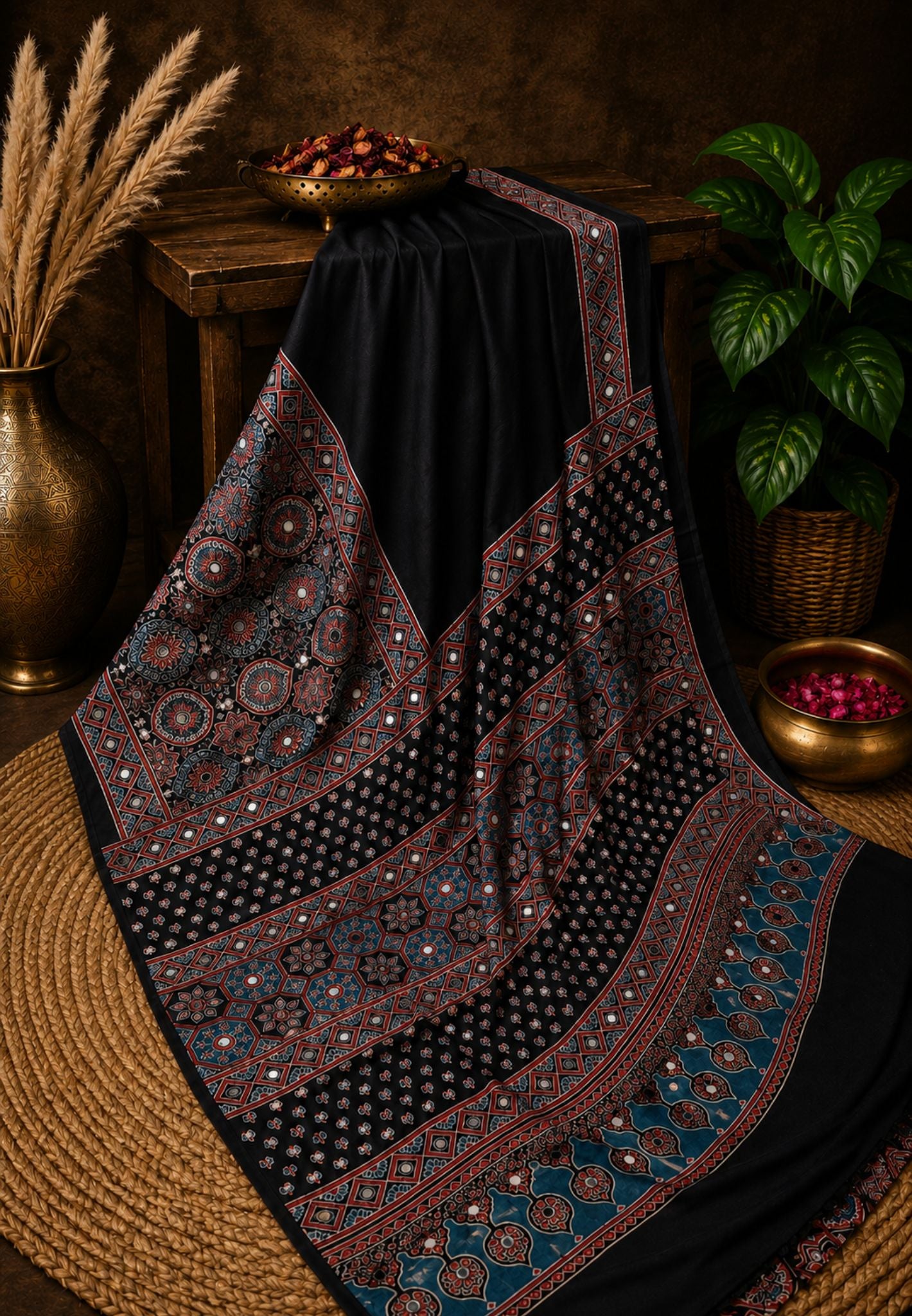 Pure Modal Saree-Black with Mirror Work in Ajrakh Pattern
