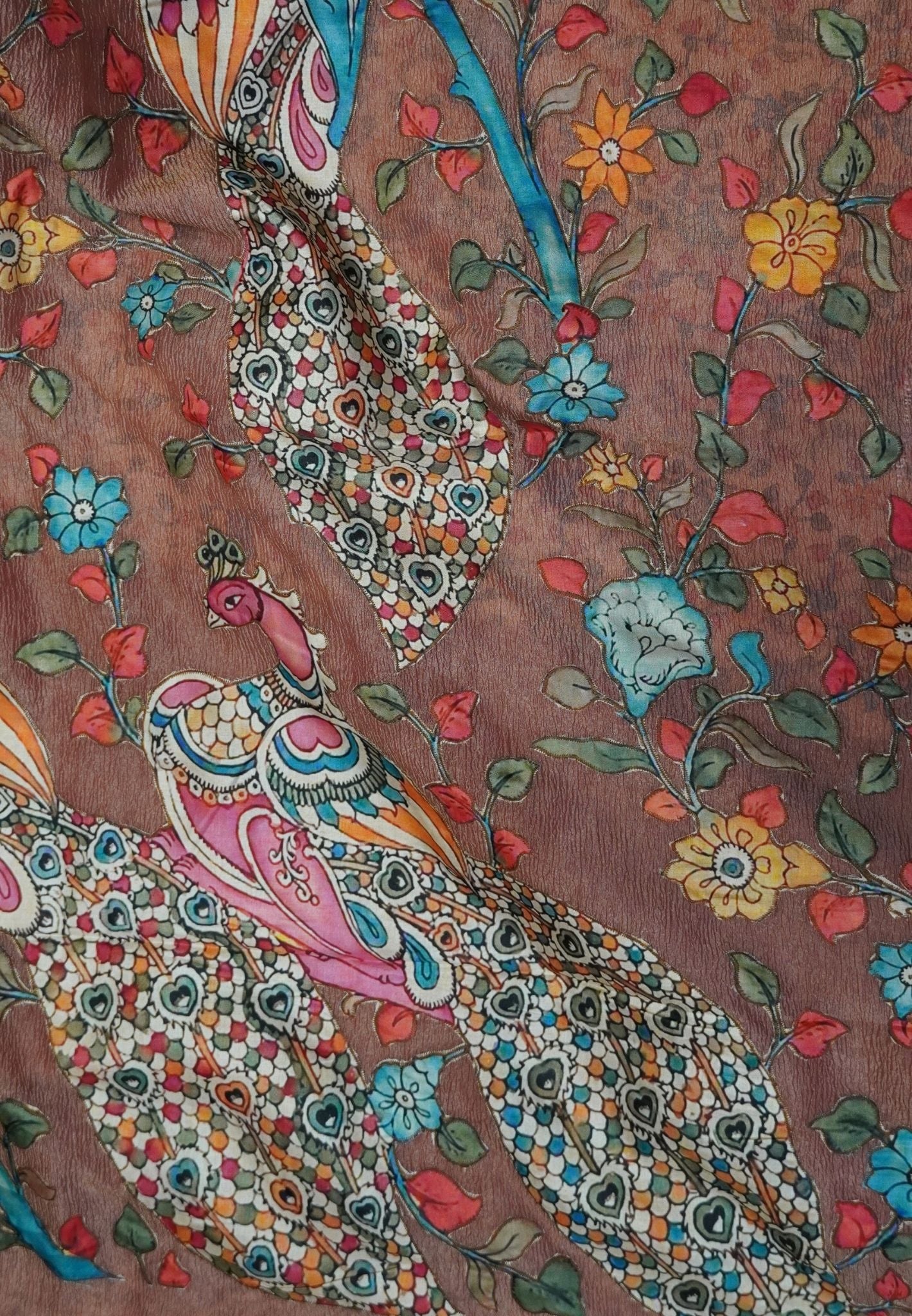 Crush Tissue Saree – Brown Peacock Print