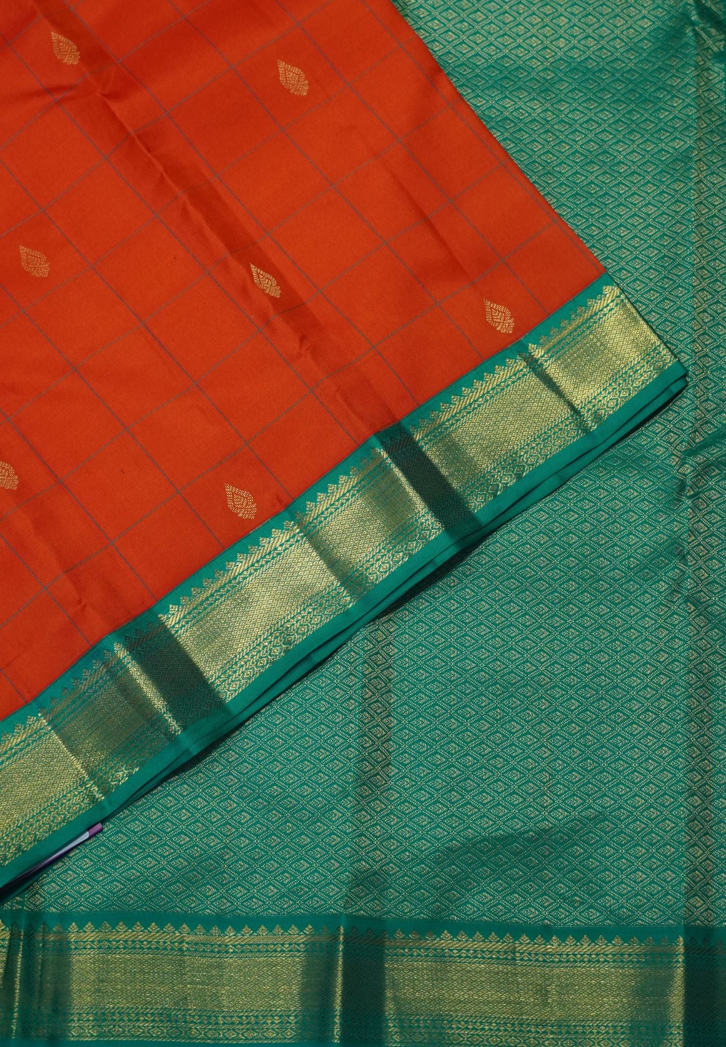 Pure Korvai Kanchipuram Silk Saree – Orange & Teal Green with Manga Butta and Body Checks