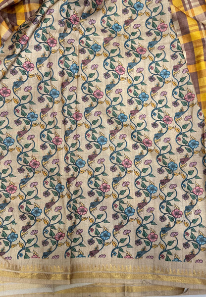 Semi Tussar Saree - Brown Madras Checks With Floral Designs