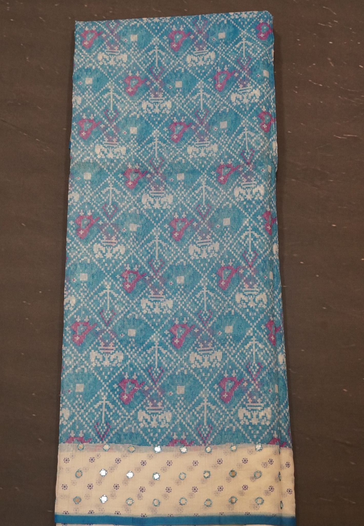 Supernet Kota Cotton Saree-Sky blue with Mirror Work