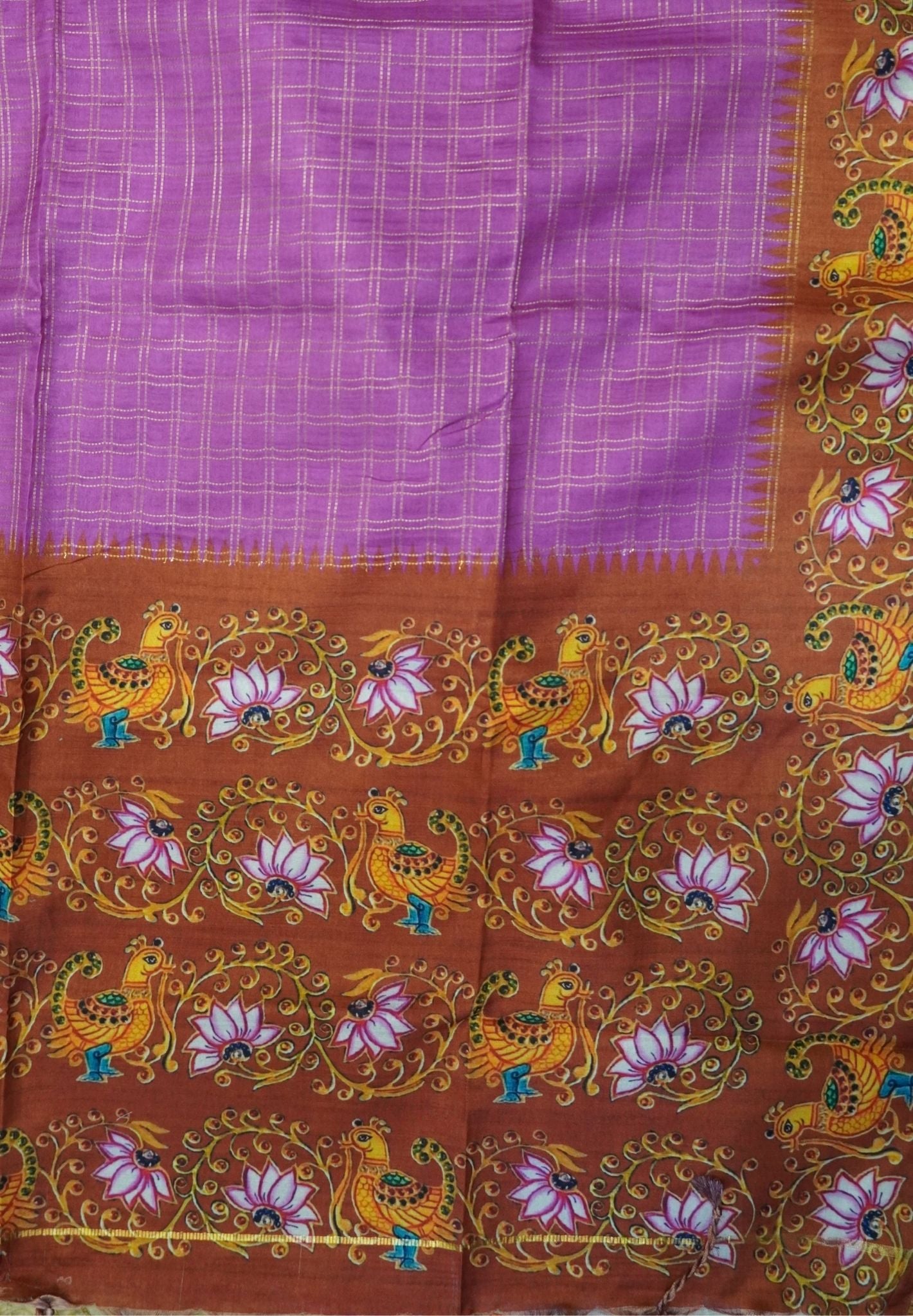 Premium Matka Tussar Saree-Pink with Contrast Border in Tanjore Print