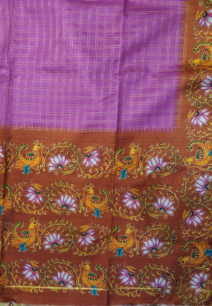 Premium Matka Tussar Saree-Pink with Contrast Border in Tanjore Print