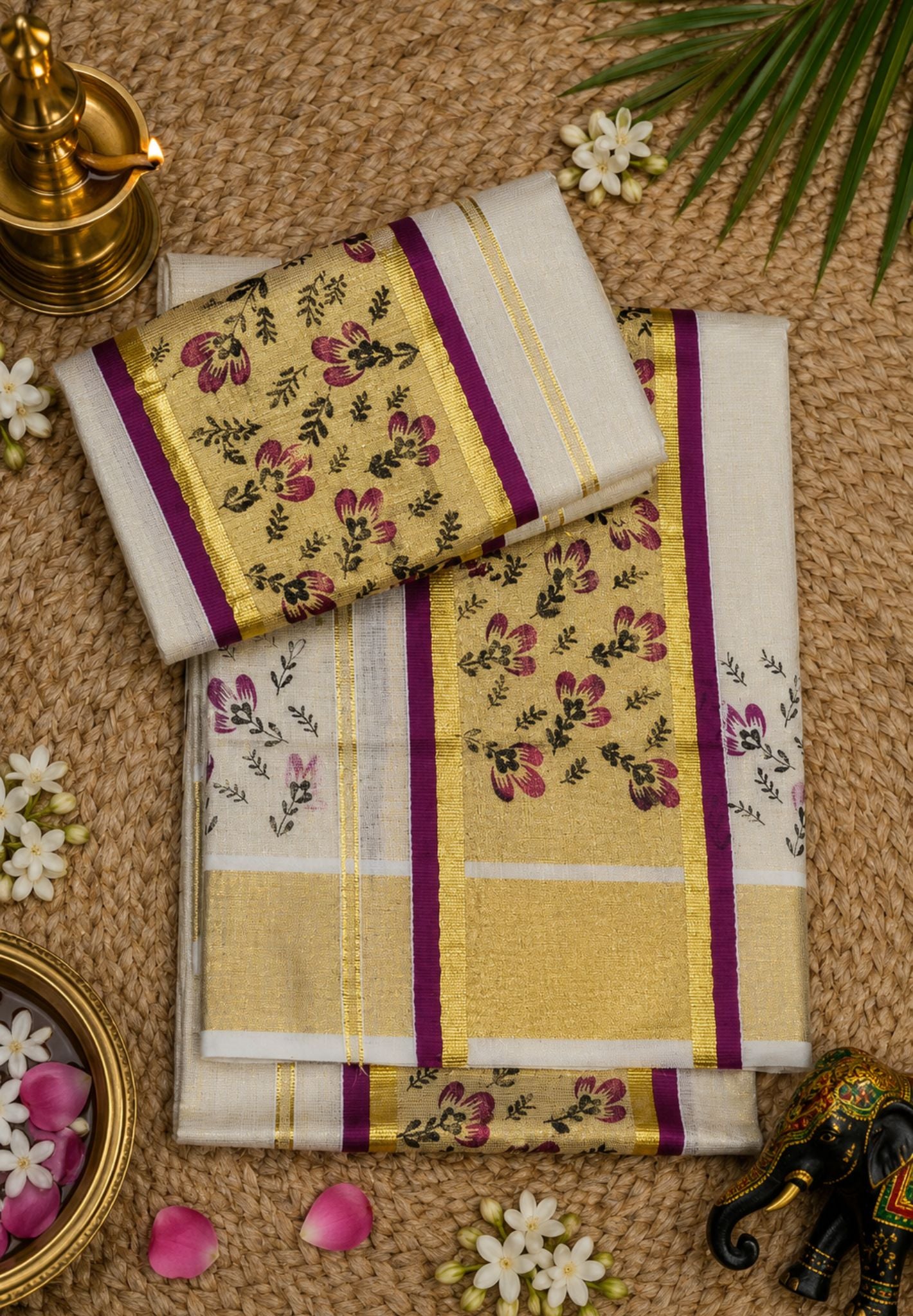 Tissue Set Mundu-Sandal - Wine with Rich Kasavu Border