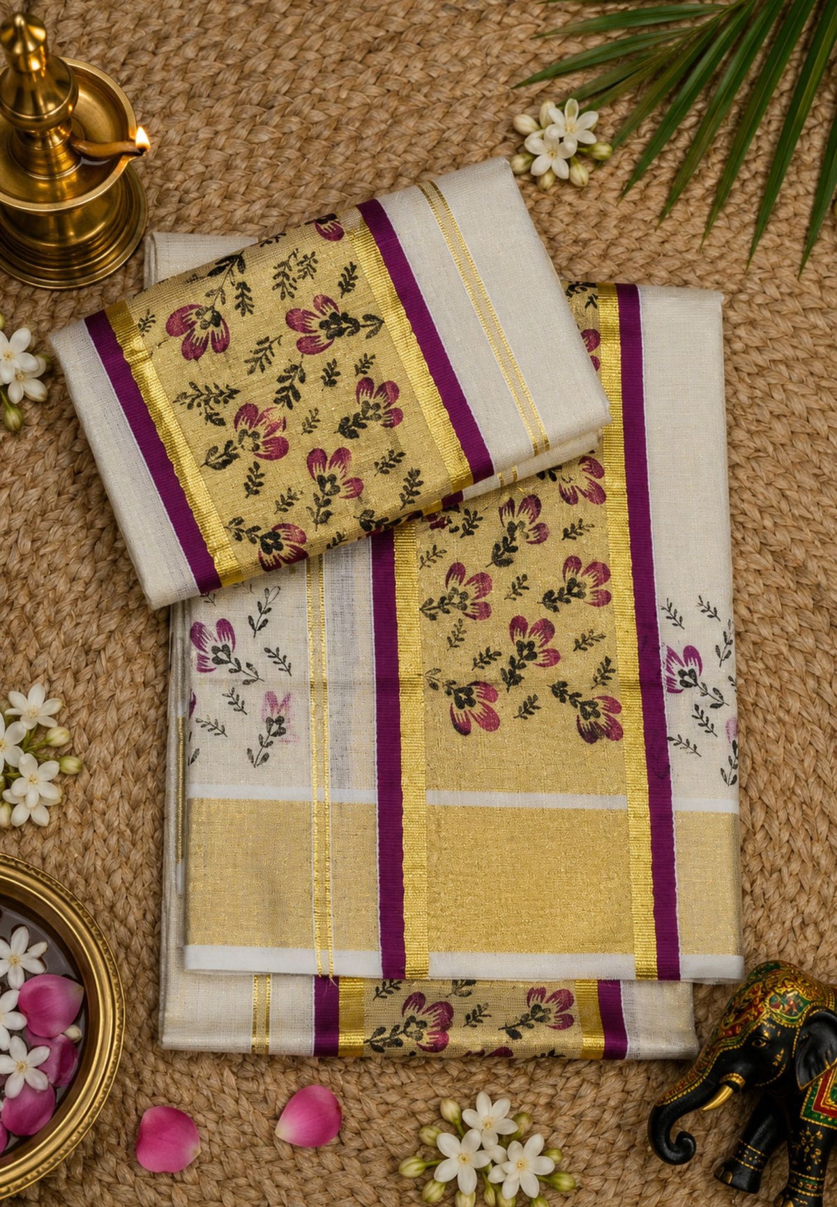Tissue Set Mundu-Sandal - Wine with Rich Kasavu Border