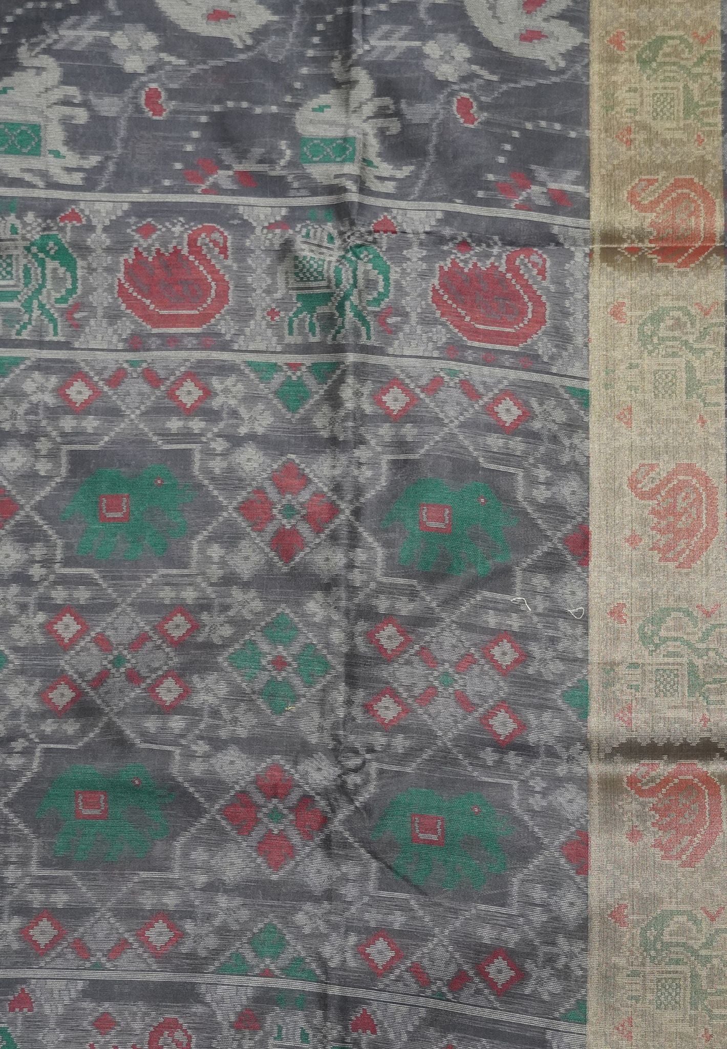 Raw Silk Saree - Greyish Blue with Patola Print
