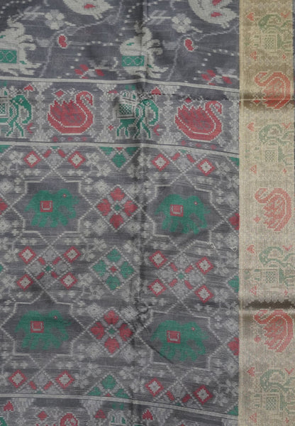 Raw Silk Saree - Greyish Blue with Patola Print
