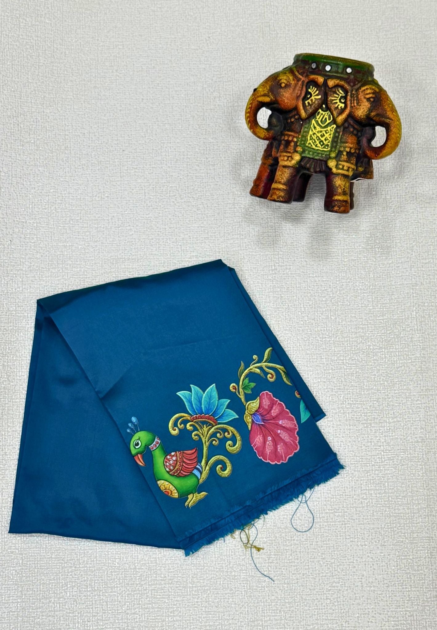 Mangalgiri Silk Blouse-Light Peacock Blue in Tanjore Print
