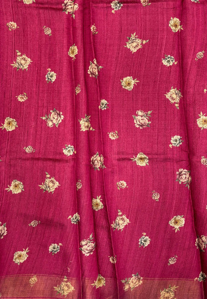 Pure Organza Tussar Saree-Wine In Striped Zari Border