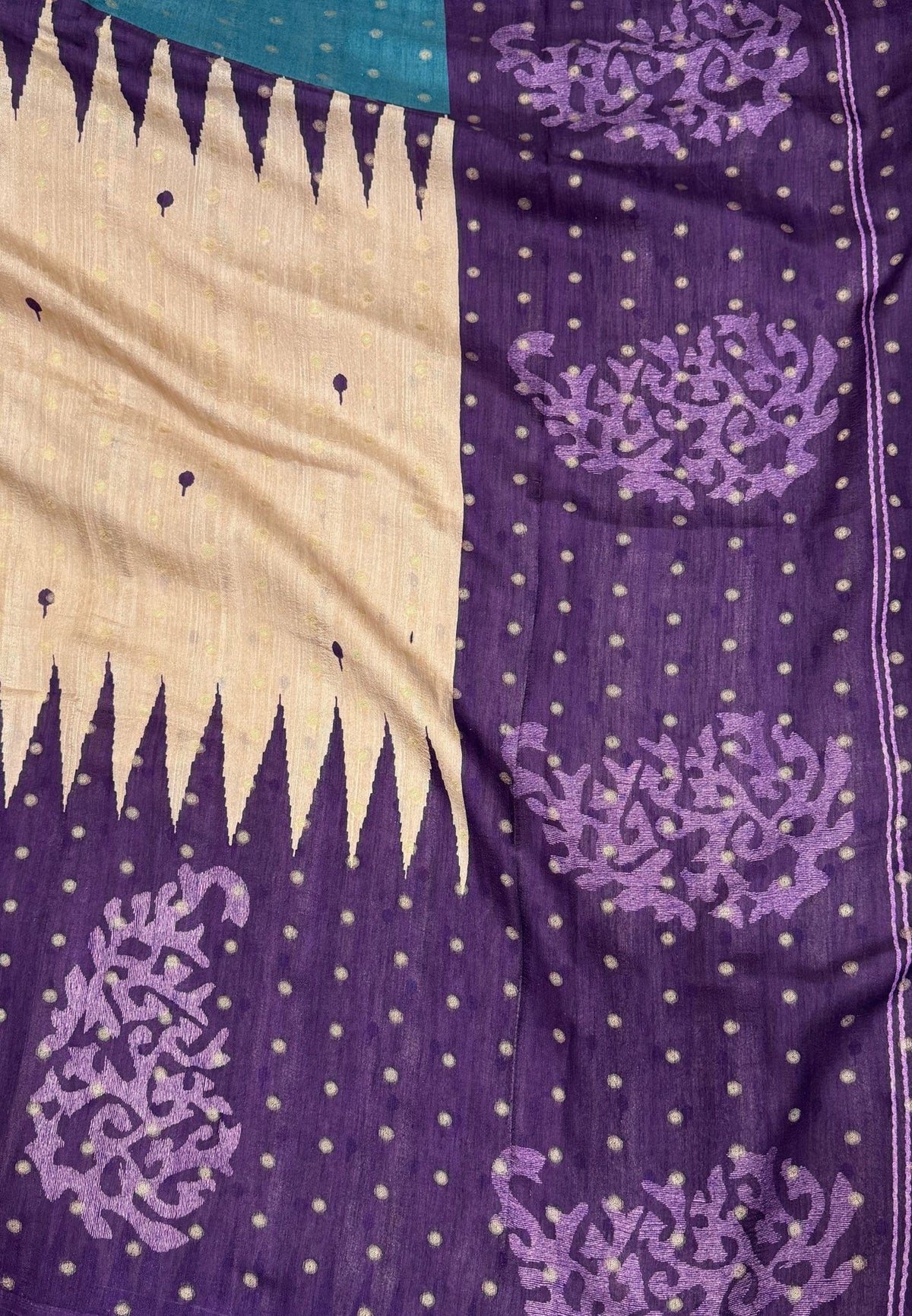 Soft Tussar Saree-Beige-Purple In Zigzag Temple Inspired Border