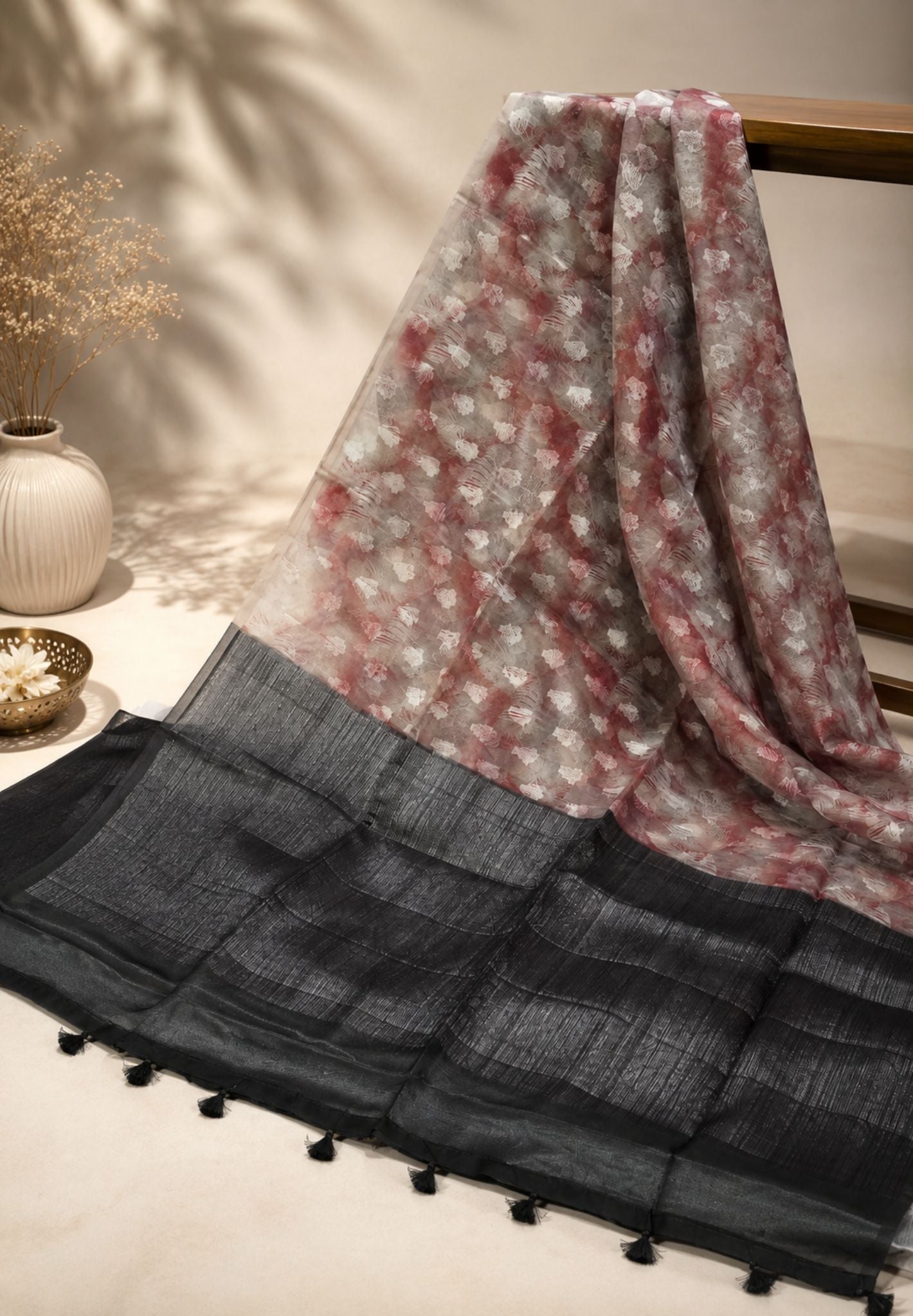Organza Saree-Brown with Floral Pattern