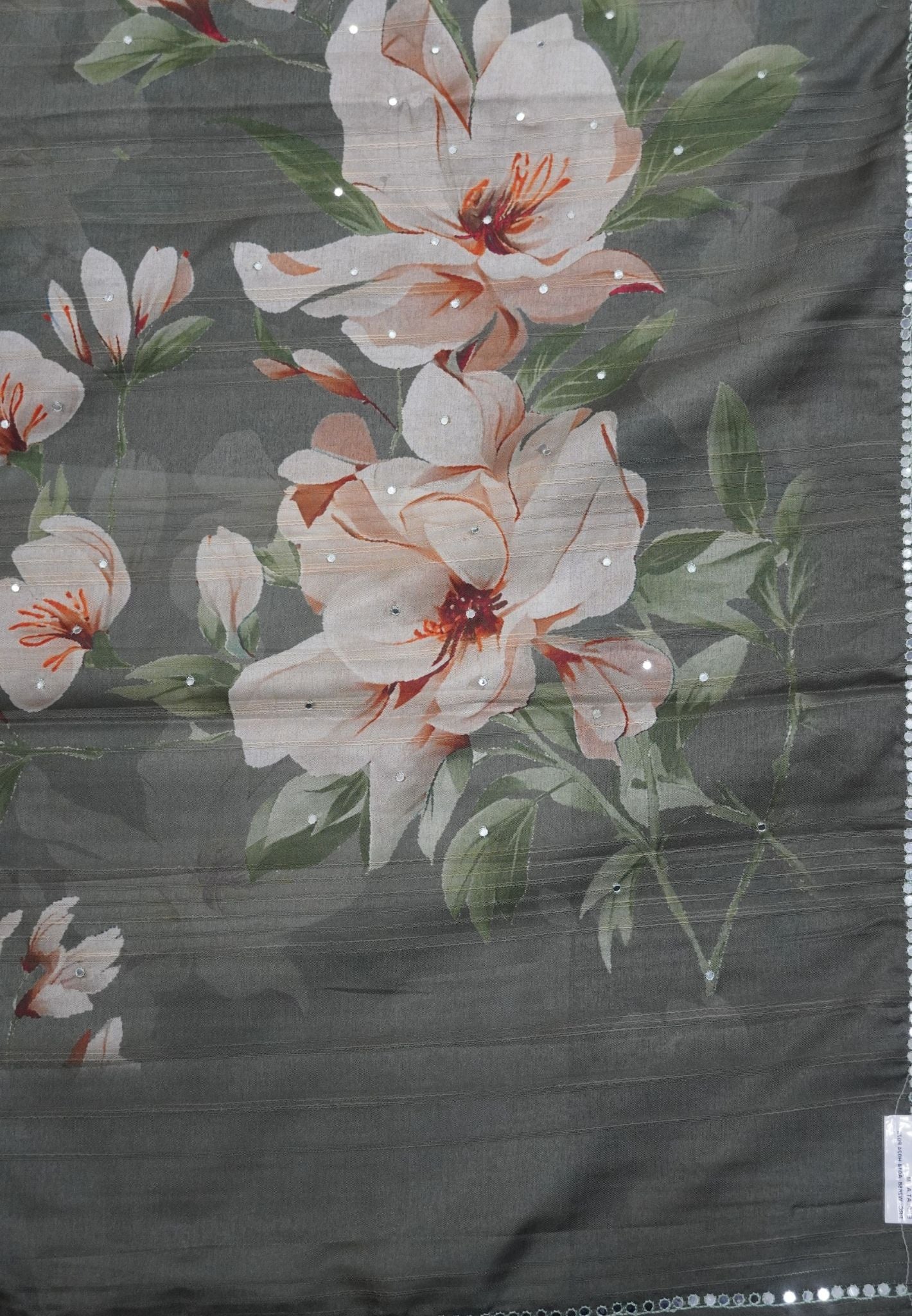 Matka Tussar Saree-Army Green with Floral Pattern and Mirror Work