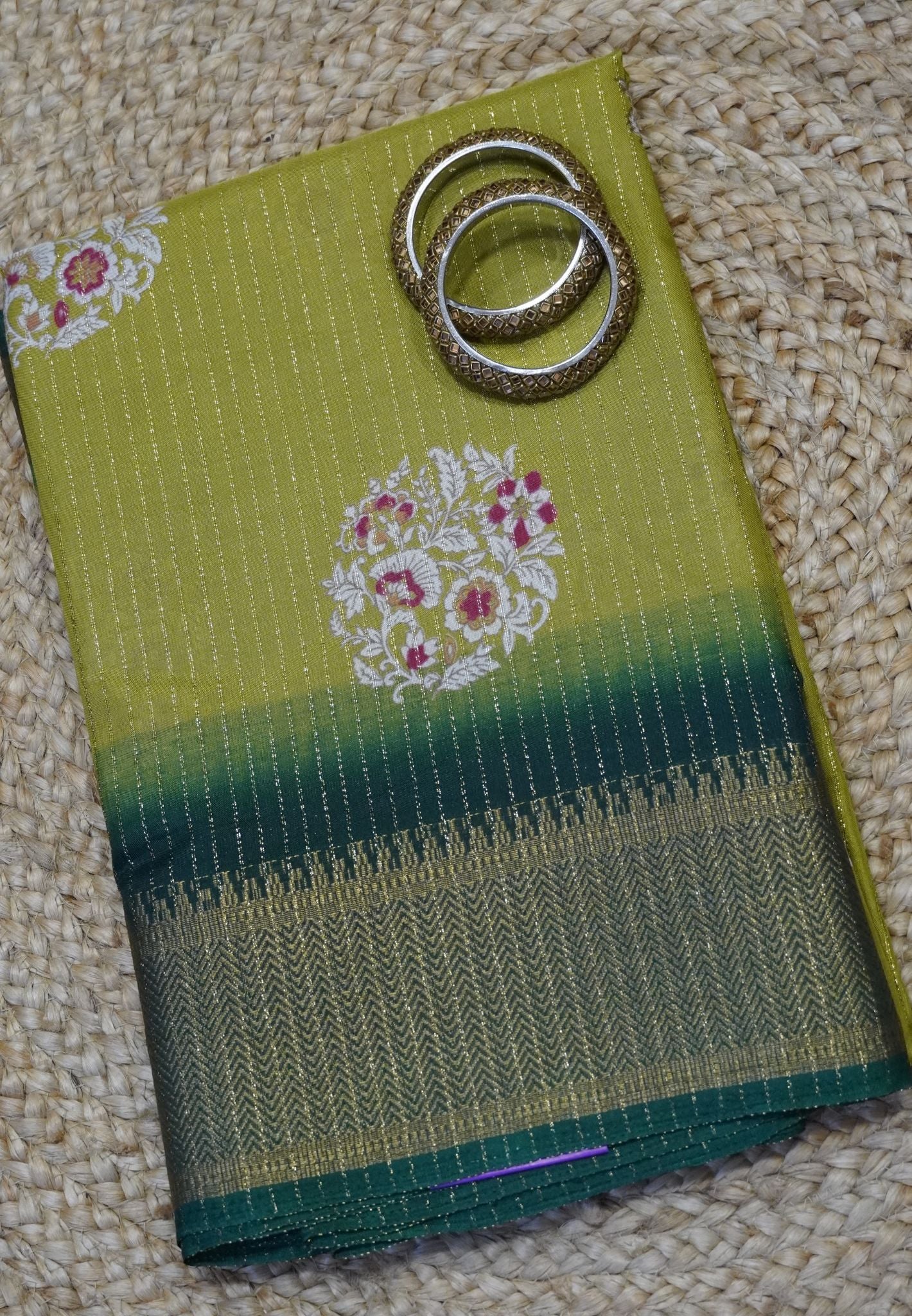 Semi Dola silk saree-Mehandi Green with zari lines