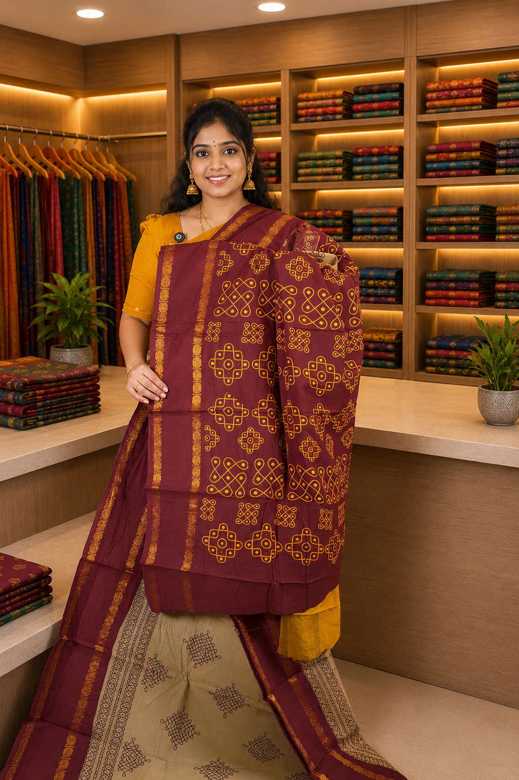 Sungudi Cotton Saree-Cream with Contrast Retapet Border in Kolam Pattern