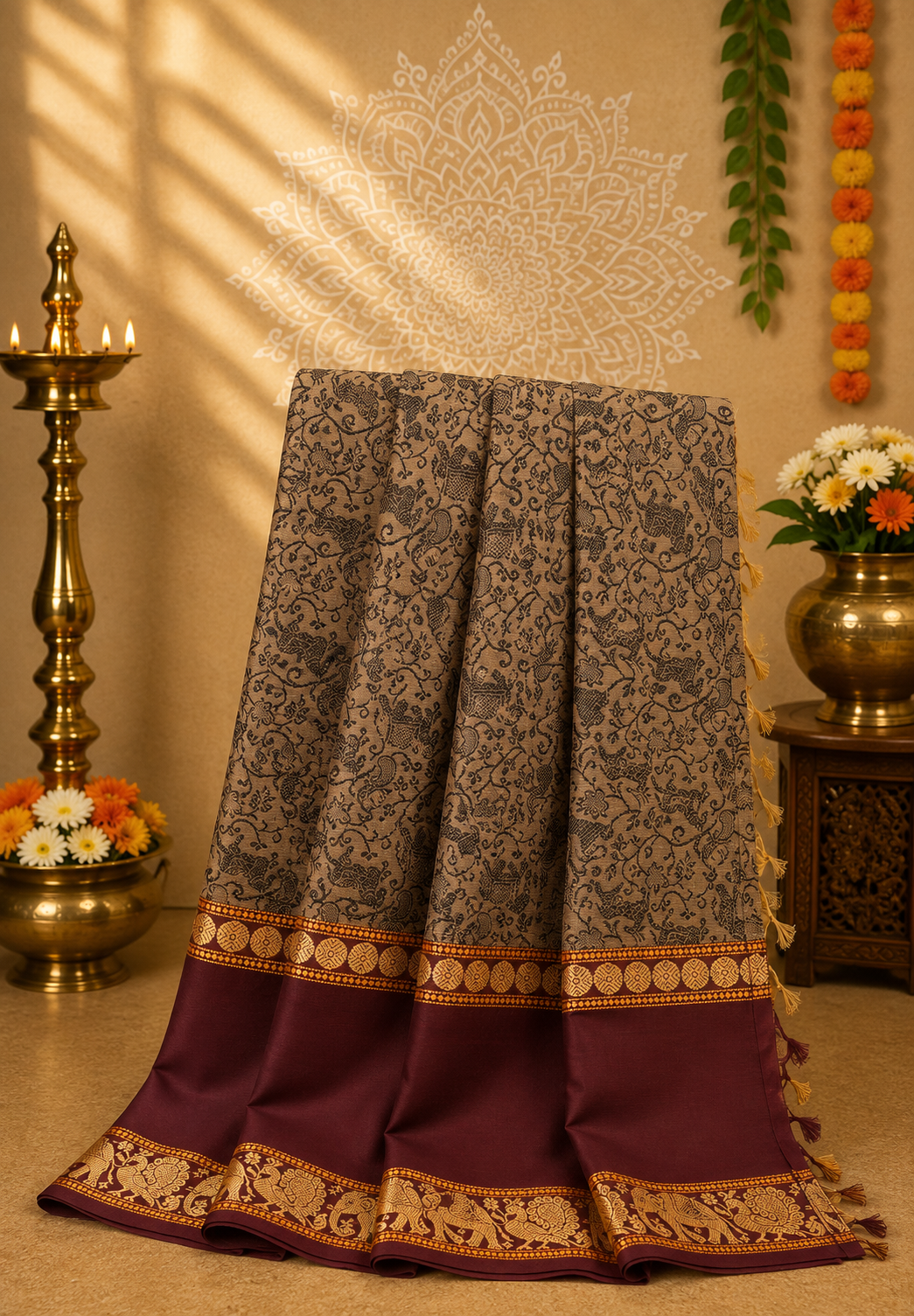 Chettinadu Cotton Saree-Maroon With Vanasingaram Patten