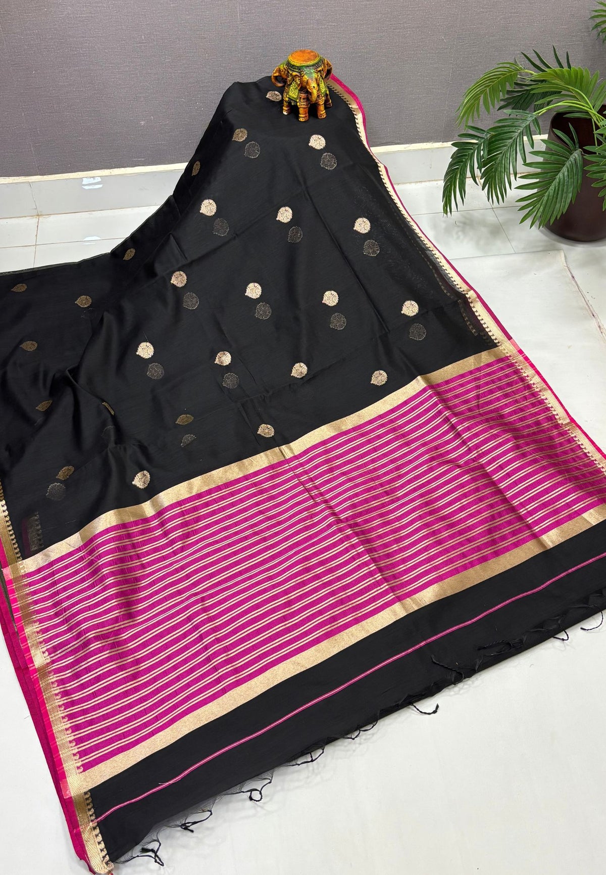 Semi Maheswari Saree-Black In Golden Stripe Border