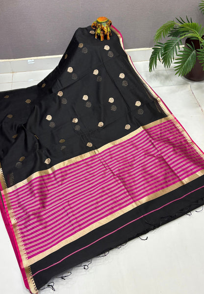 Semi Maheswari Saree-Black In Golden Stripe Border