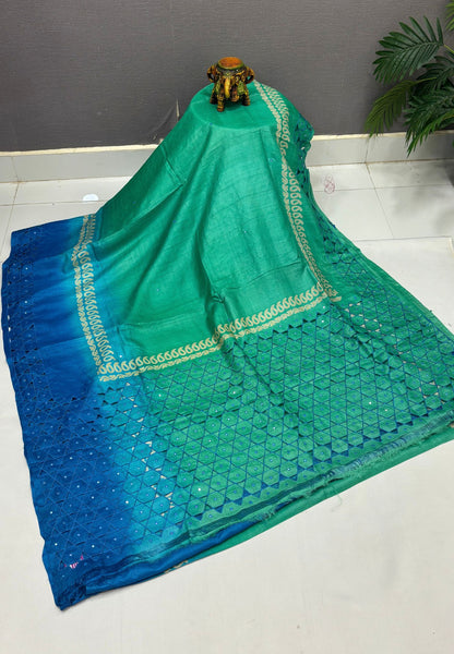Pure Tussar Saree-Green In Diamond Jaali With Contrast Border