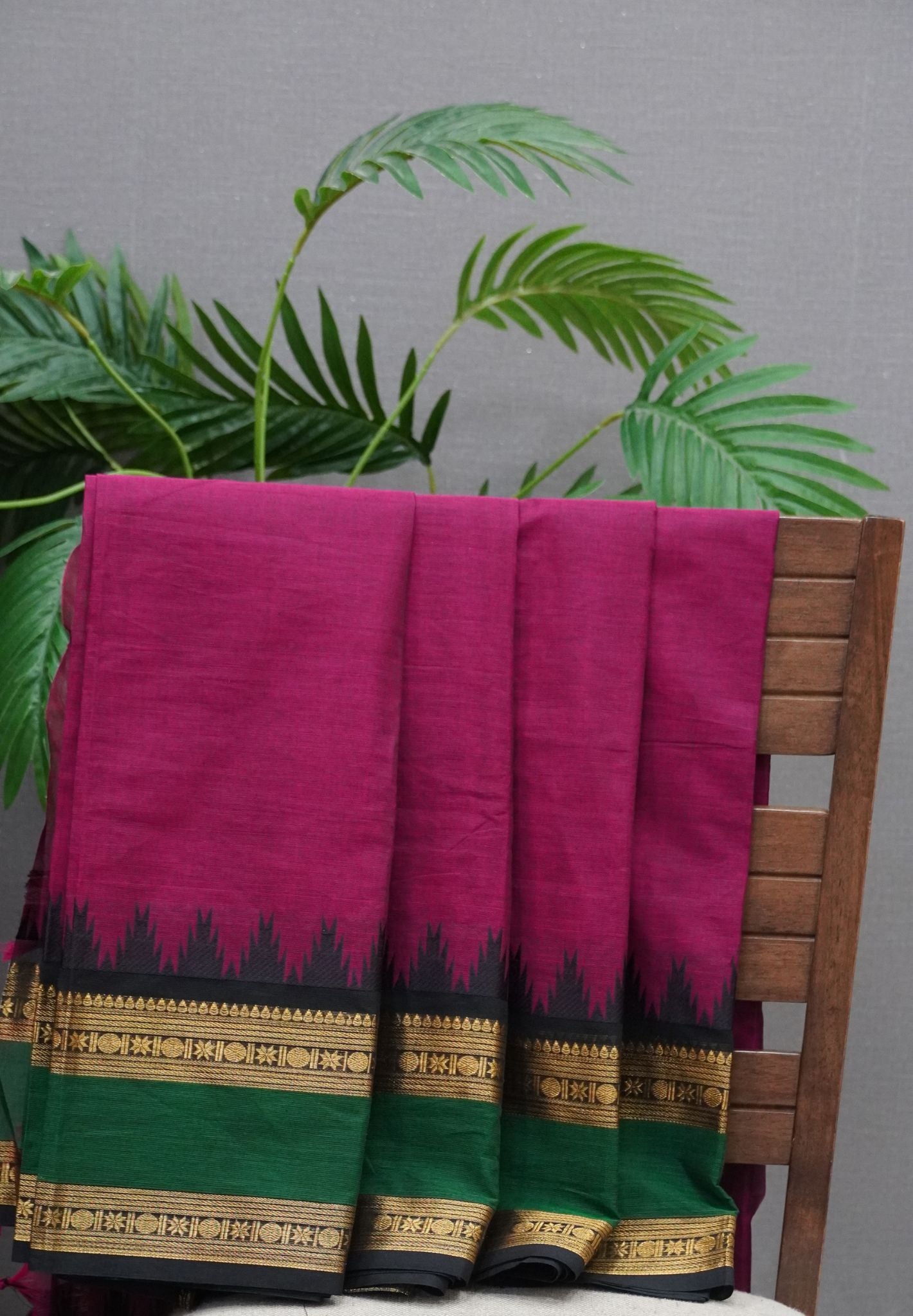 Chettinad Cotton Saree-Magenta with Temple Border