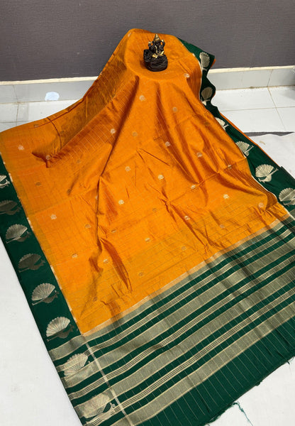 Semi Tussar Saree -  Mustard With Green Border