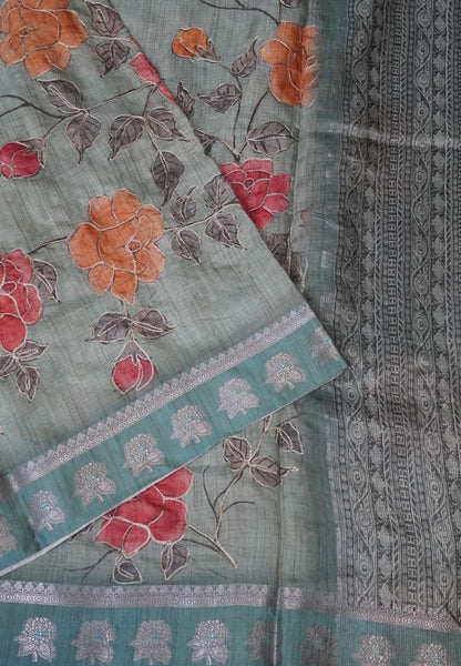 Tissue Linen Saree-Sea green with Floral Kutch Work