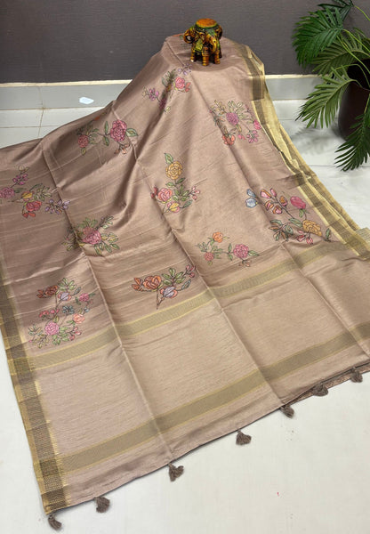 Tussar Saree-Beige in Rose Floral Pattern Border