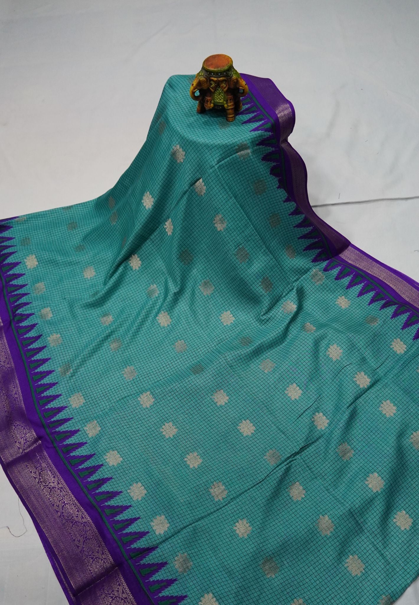 Dola Saree with Checks and Contrast Border- Green - Violet