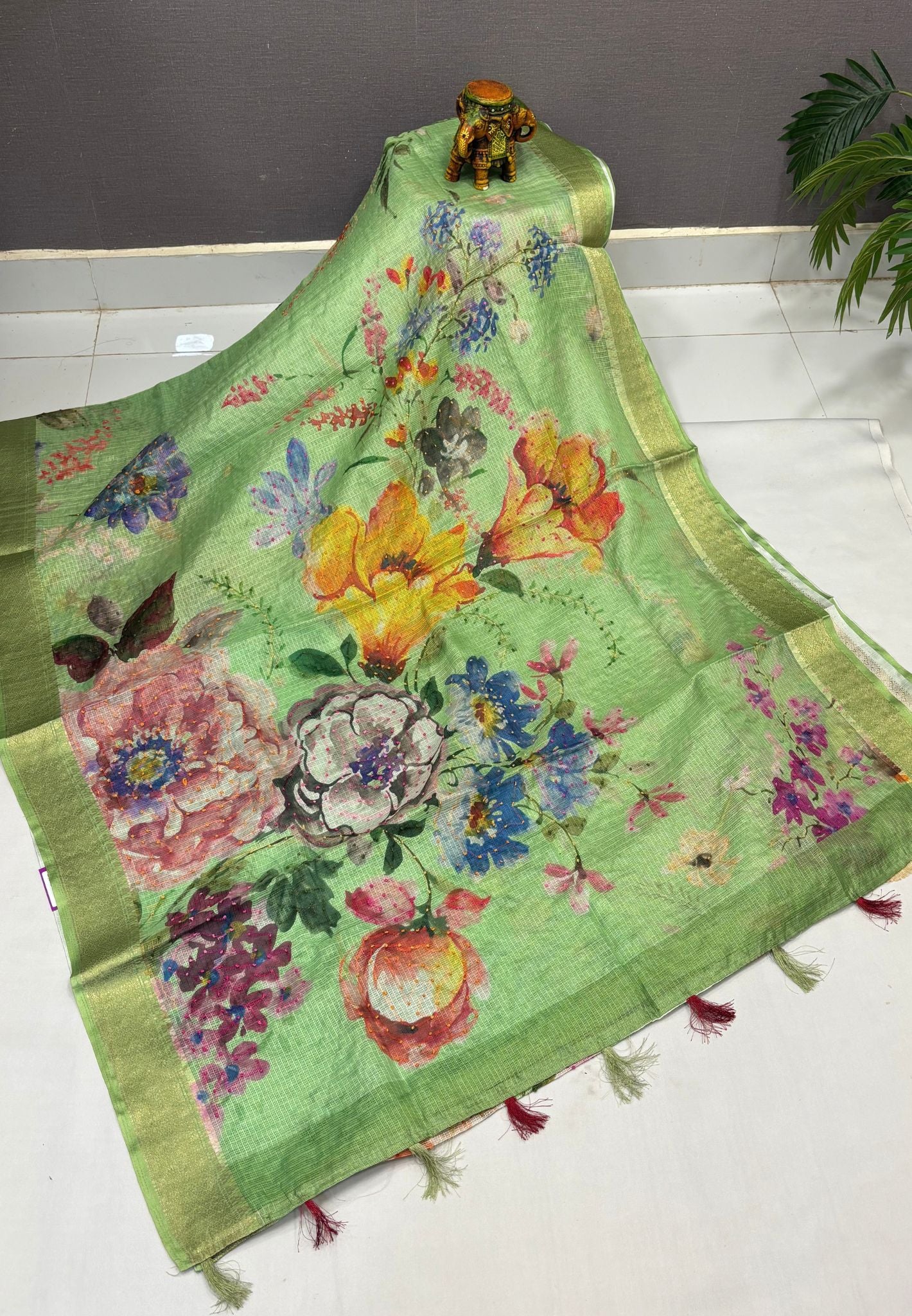 Kota Saree-Baby Pista Green In French Knot Floral Border