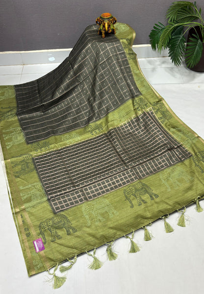 Semi Tussar Saree-Green in Traditional Elephant Motif Zari Border