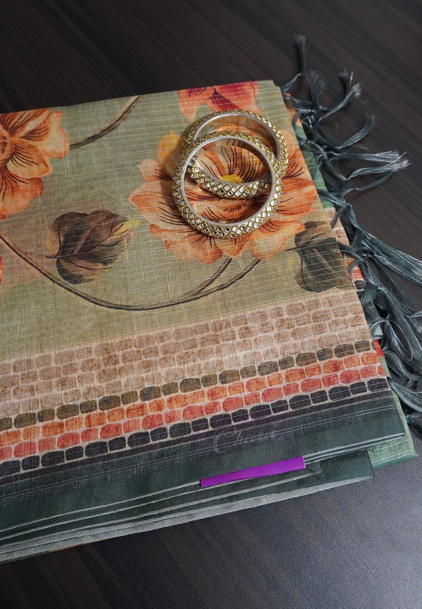 Bhagalpur Tussar  - Floral Pattern Green