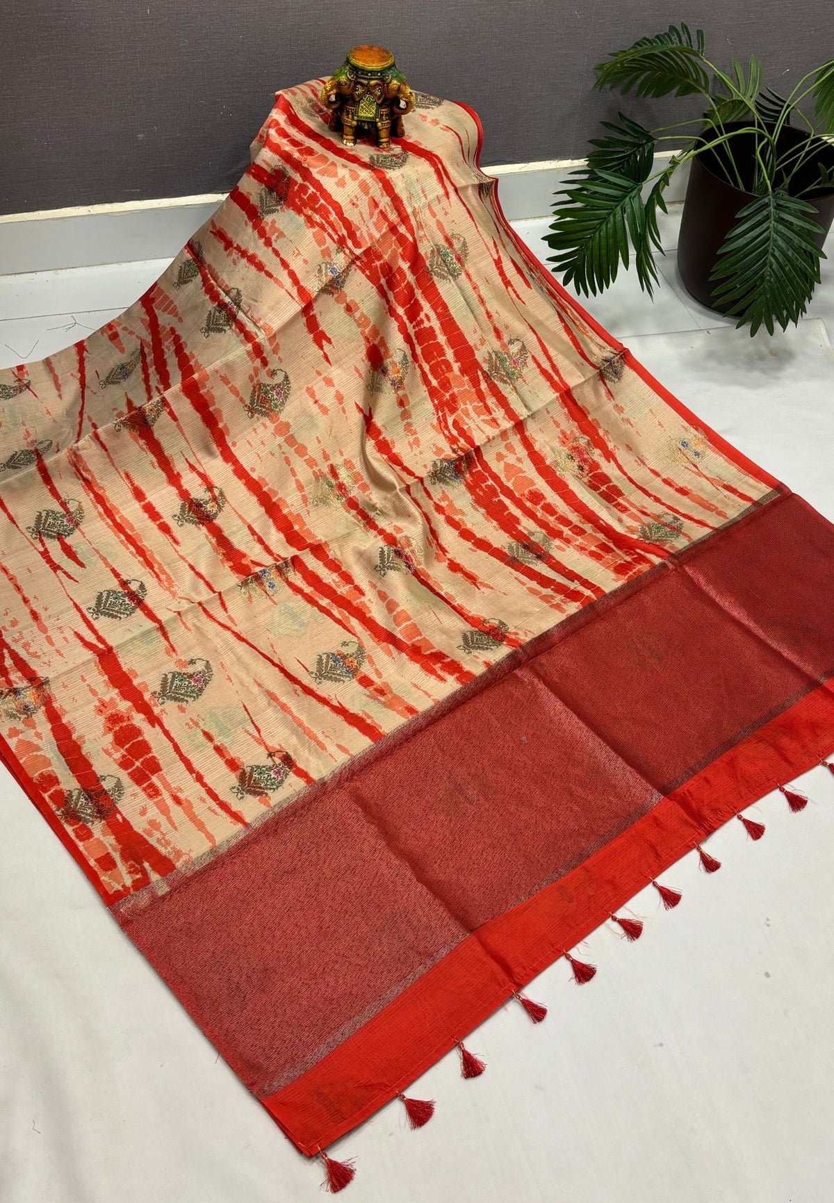 Tussar Saree-Orange in Leheriya Manga Motif Border