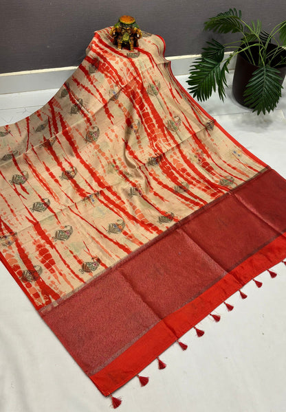 Tussar Saree-Orange in Leheriya Manga Motif Border