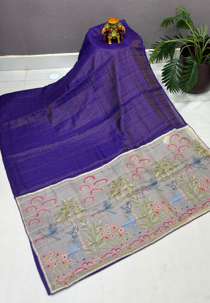 Soft Chiniya Silk Saree-Violet in Thousand Butta Deer & Floral Border