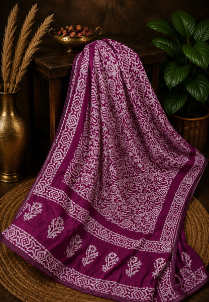 Batik Tussar Saree-Wine with Batik Print