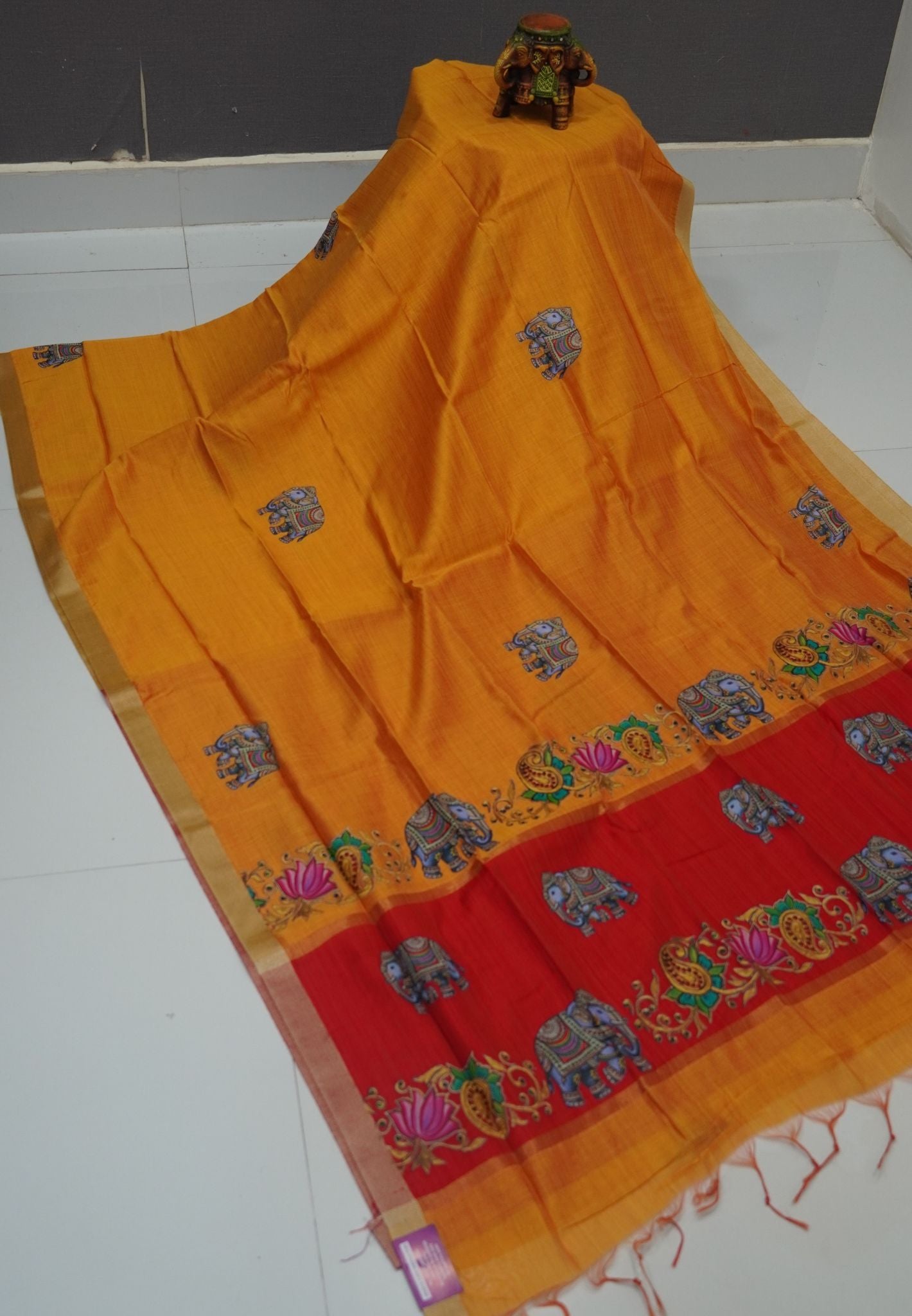 Cora Linen Saree-Mango Yellow with Tanjore Print