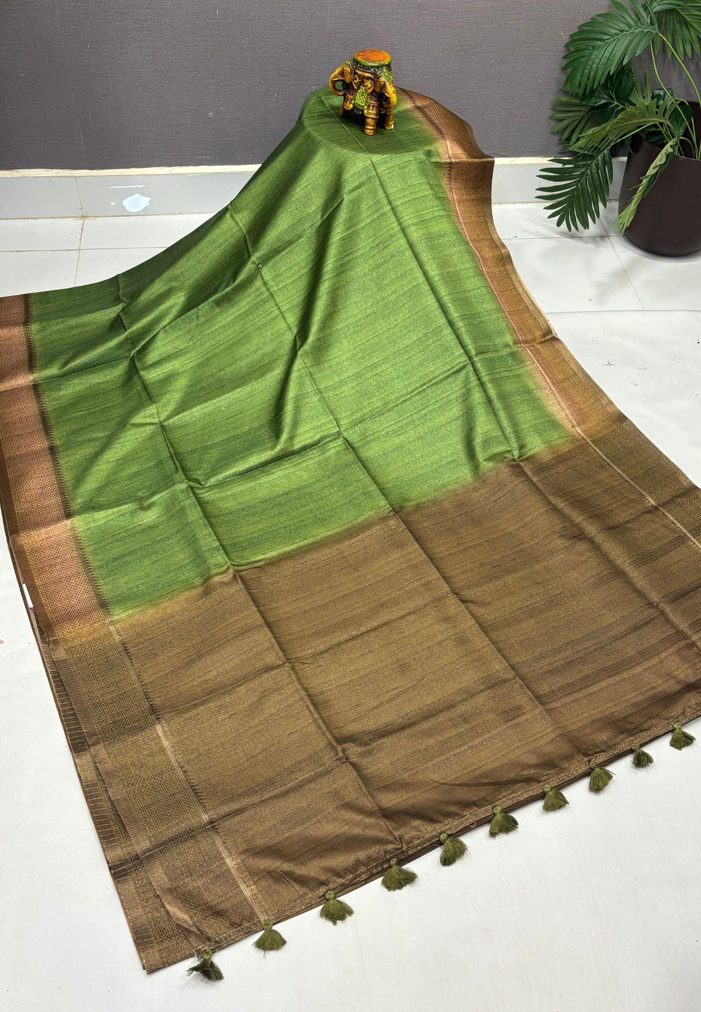 Matka Tussar Saree-Green in Classic Striped Zari with Contrast Border