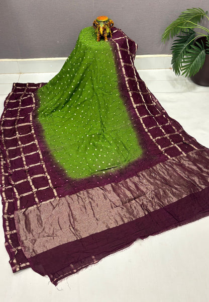 Banarasi Bandeji Saree-Olive Green in Zari Checks with Contrast Border