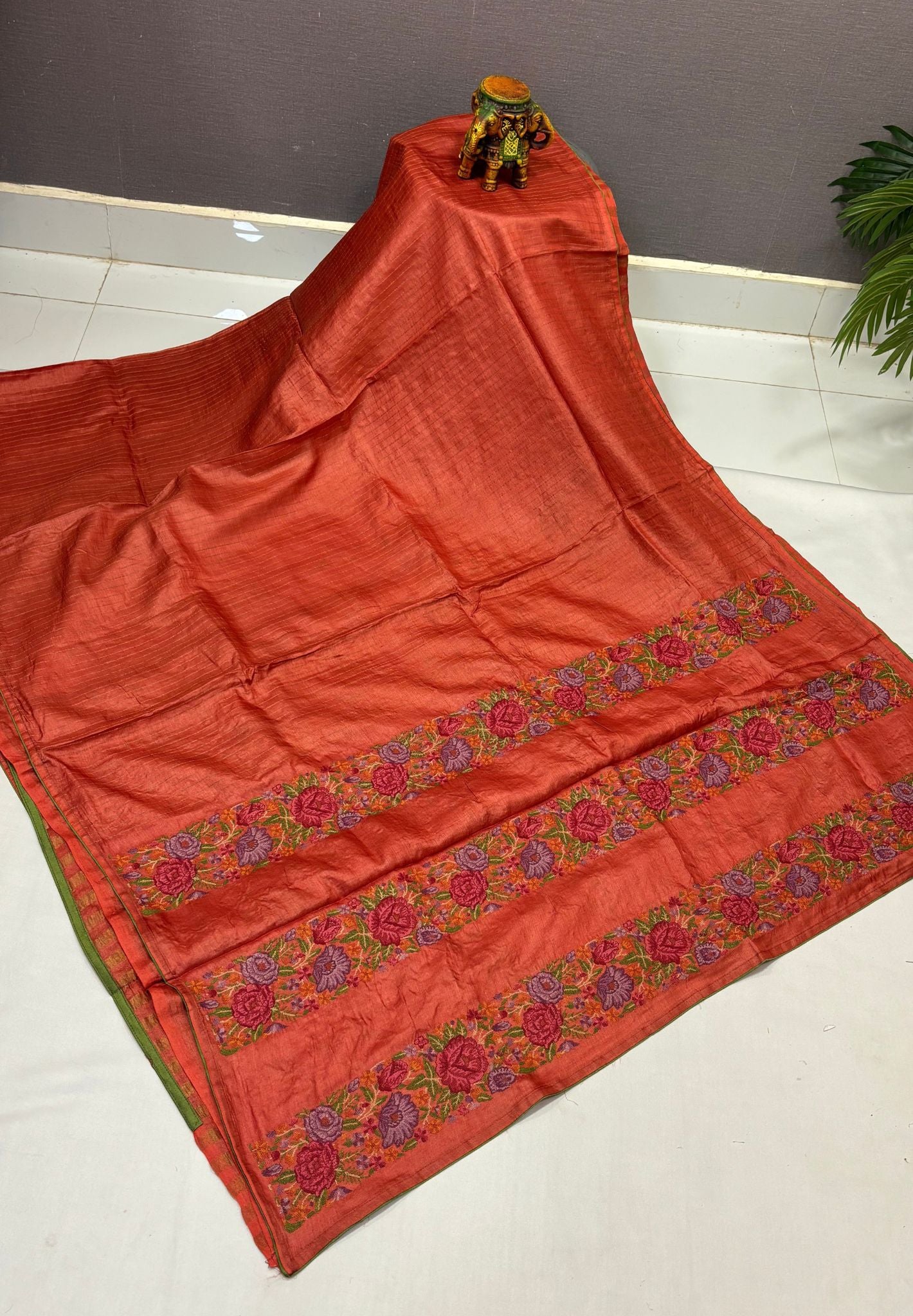 Pure Tussar Saree-Brick Red In Floral Vine Embroidered Border