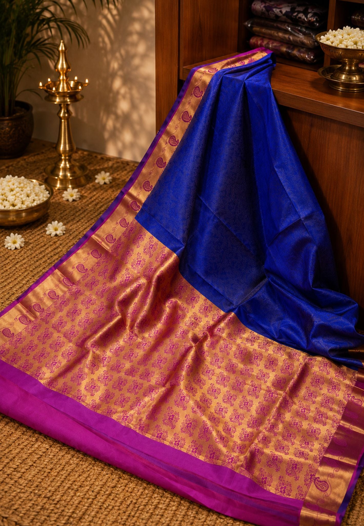 Pure Kanchipuram Silk Saree-Royal Blue with Contrast Magenta Border