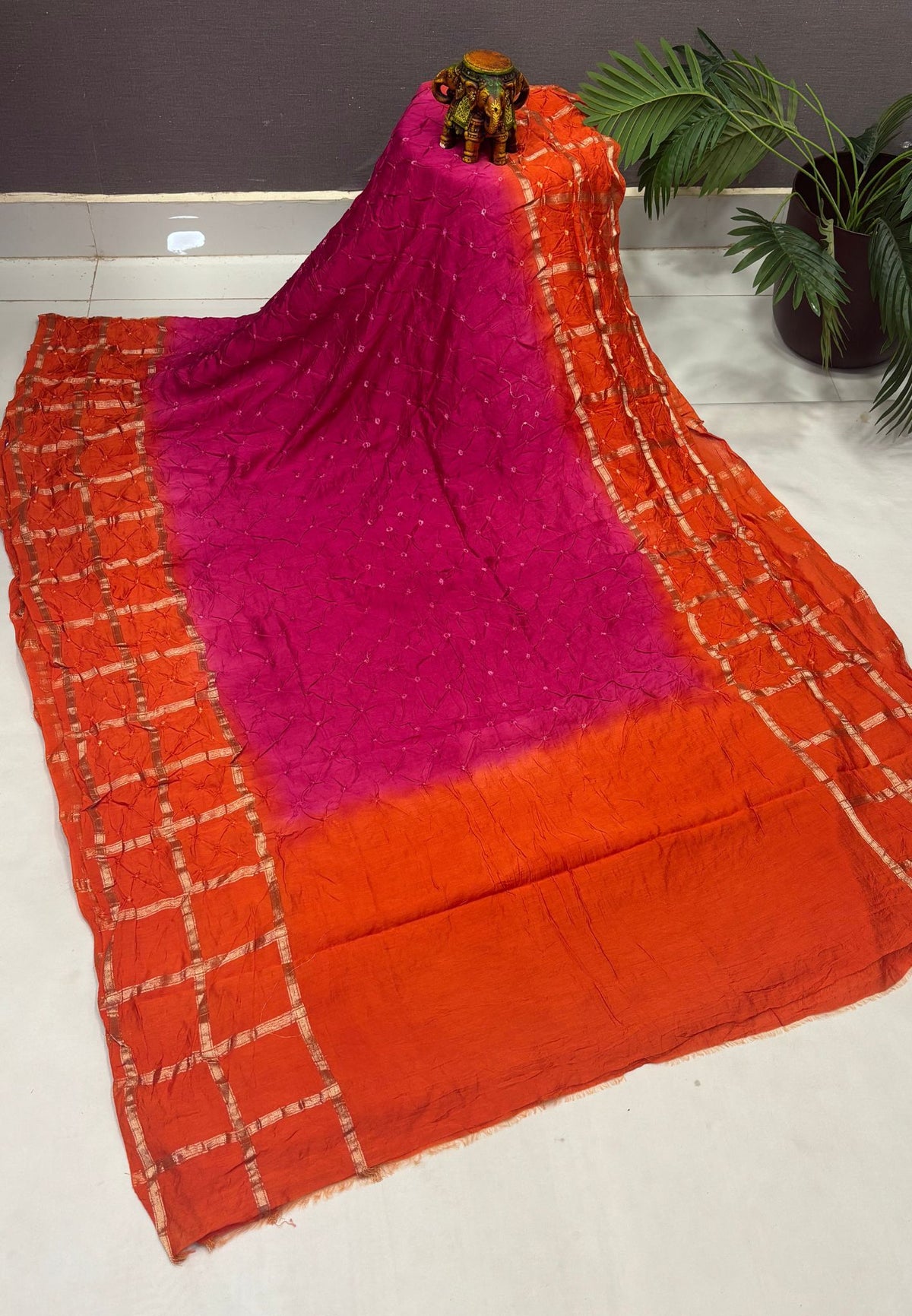 Banarasi Bandeji Saree-Rani Pink in Zari Checks with Contrast Border