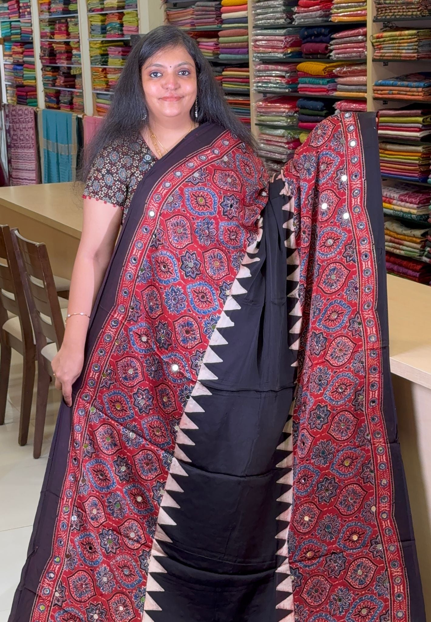 Pure Modal Silk Saree-Original Mirror Work &Traditional Printed Motifs