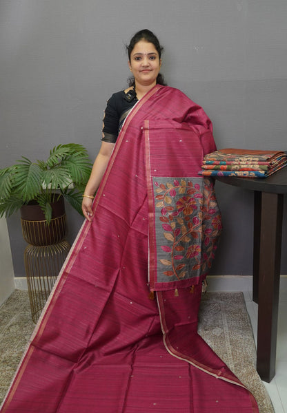 Semi Tussar Saree - Mayil Katch Work Pink