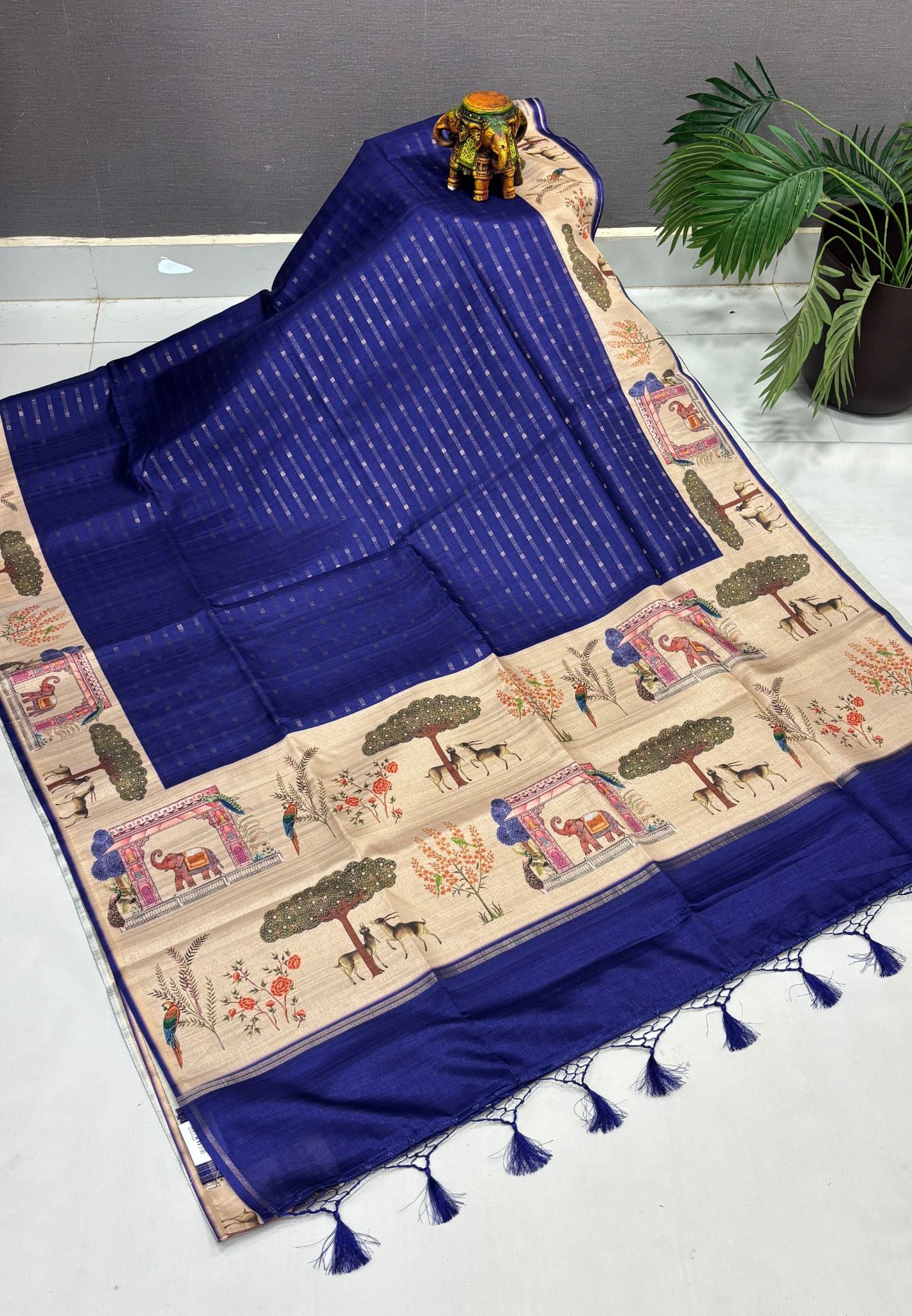 Semi Tussar Saree-French Blue in Vanam Kalamkari Border