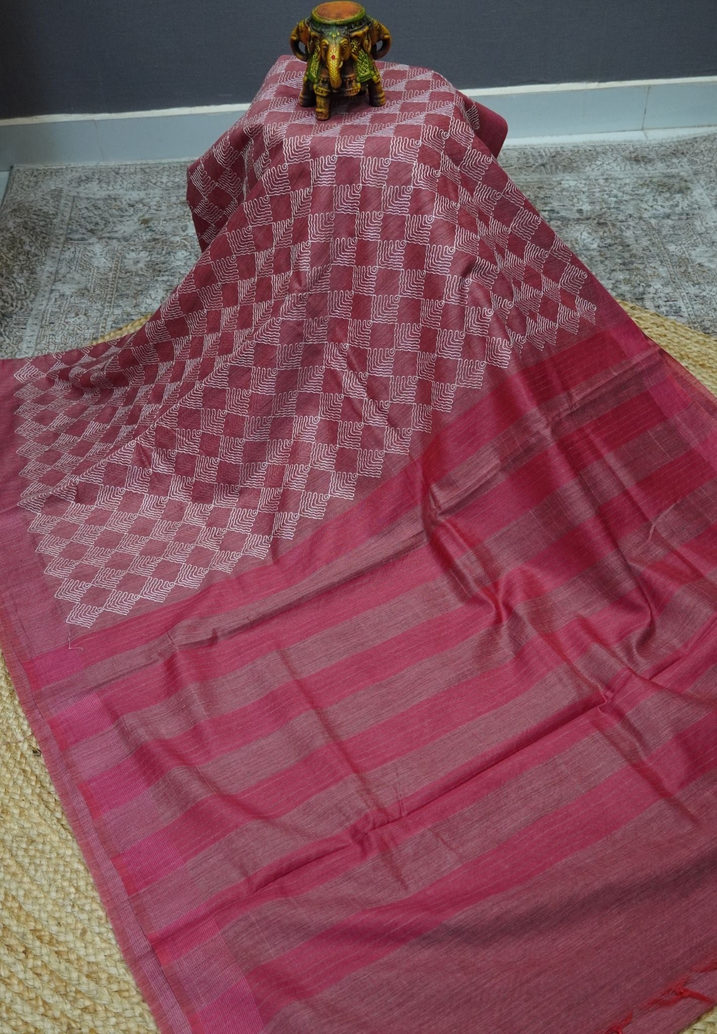Kota Tussar Saree-Muted Maroon Embroidery