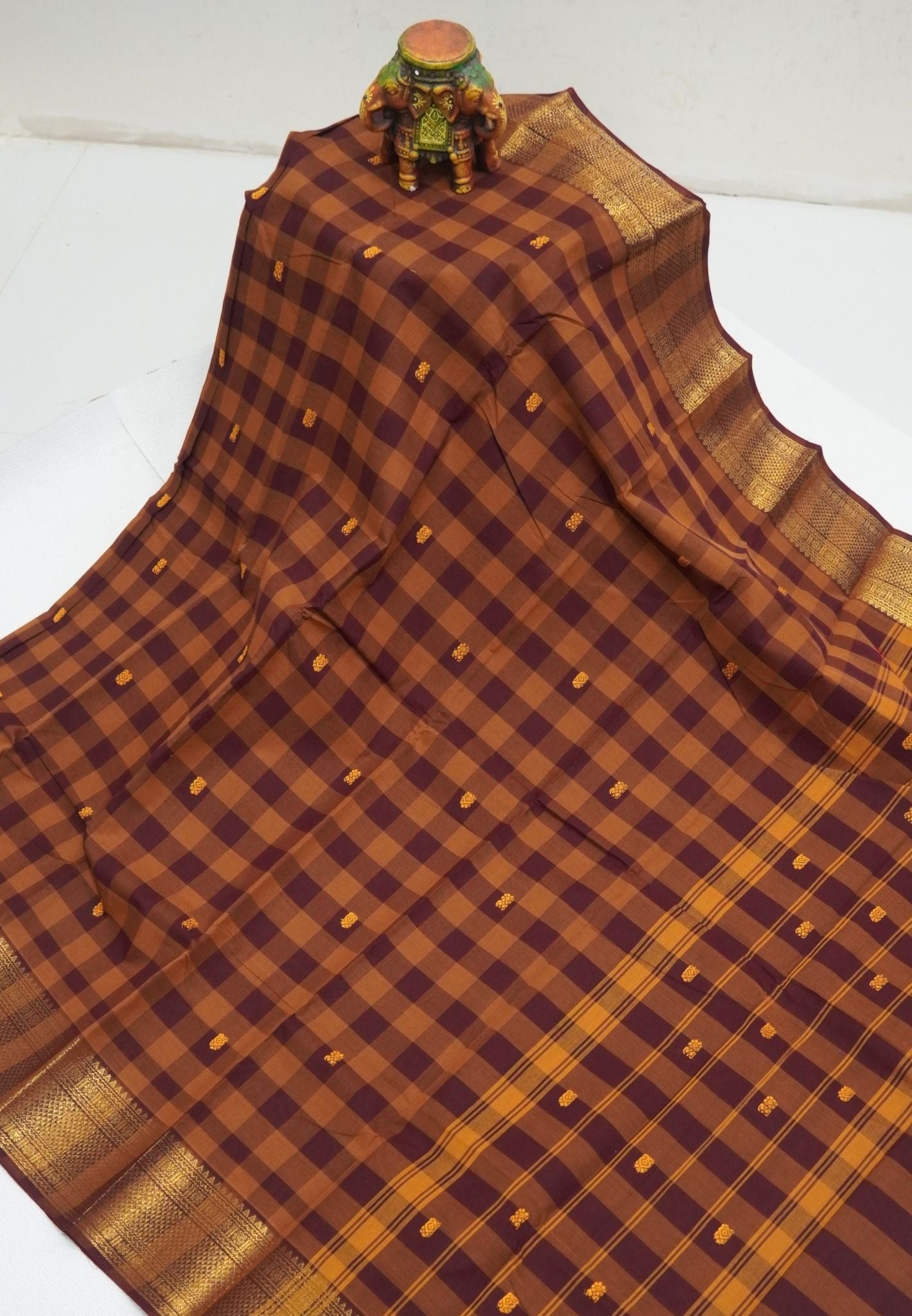 Kanchi Cotton Saree-Dark Mustard in Checkered Pattern