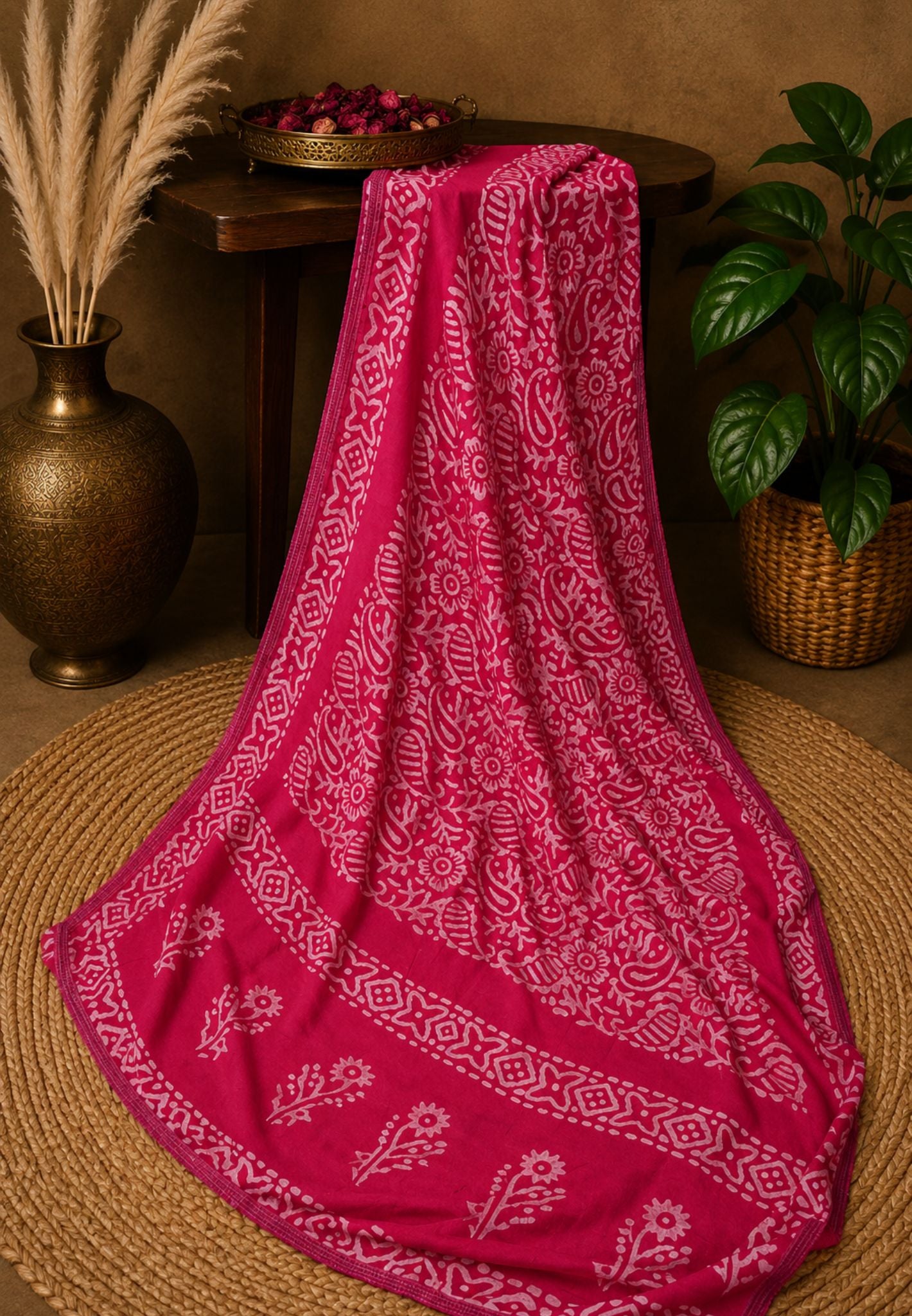 Cotton Saree-Pink with Batik Print